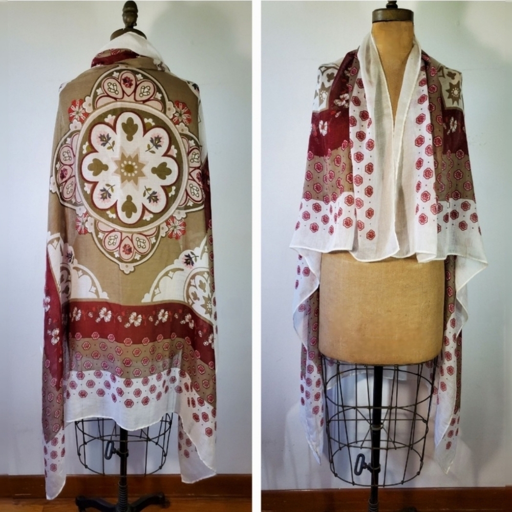 Sarong Scarf 52x52" Wrap Large Lightweight Burgundy Green Beige Floral